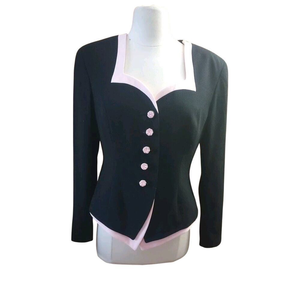 Rickie Freeman Teri Jon Blazer Top Womens Sz 6 Black Pink Rose Buttons Formal